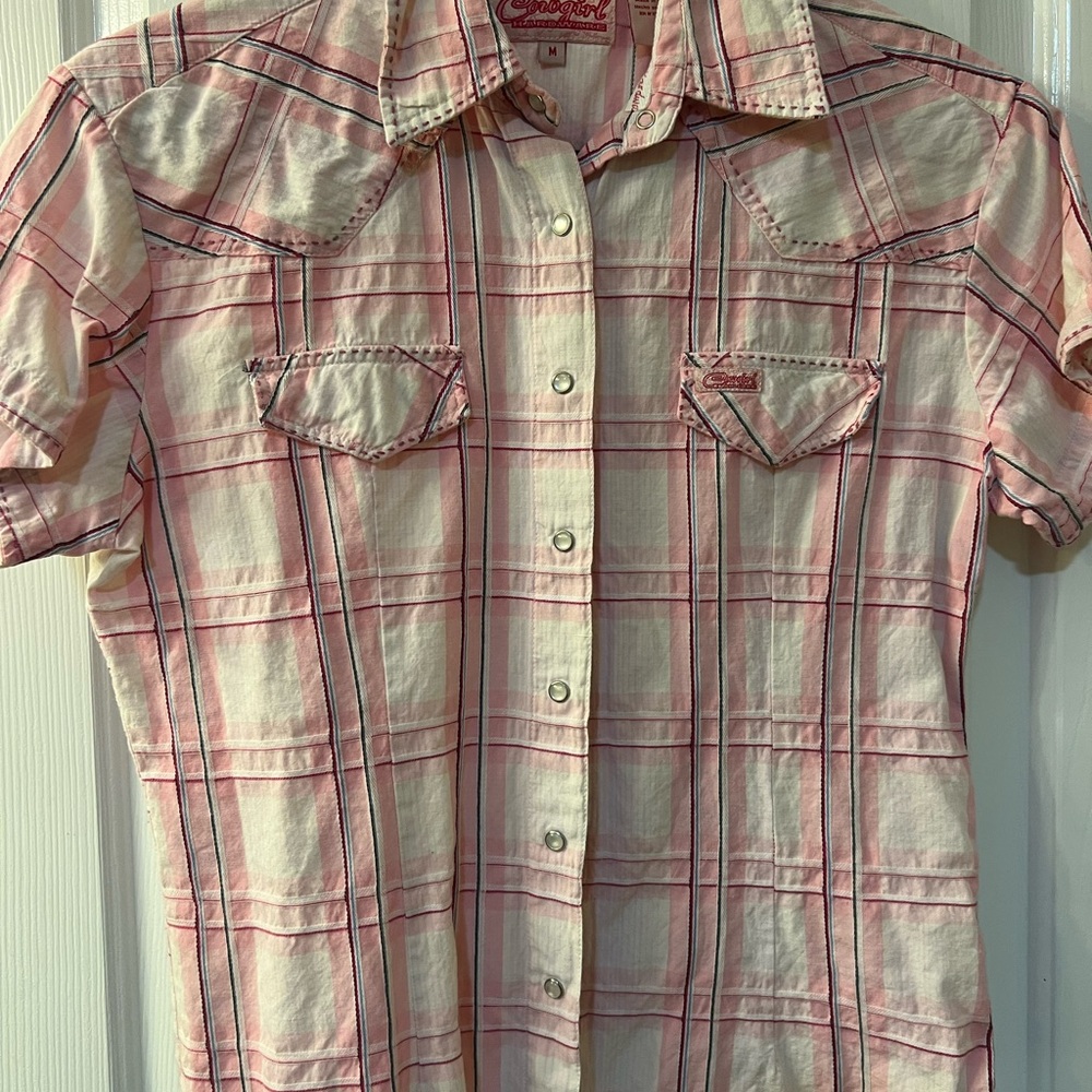 Cowgirl Up short sleeve multi pink plaid women shirt
